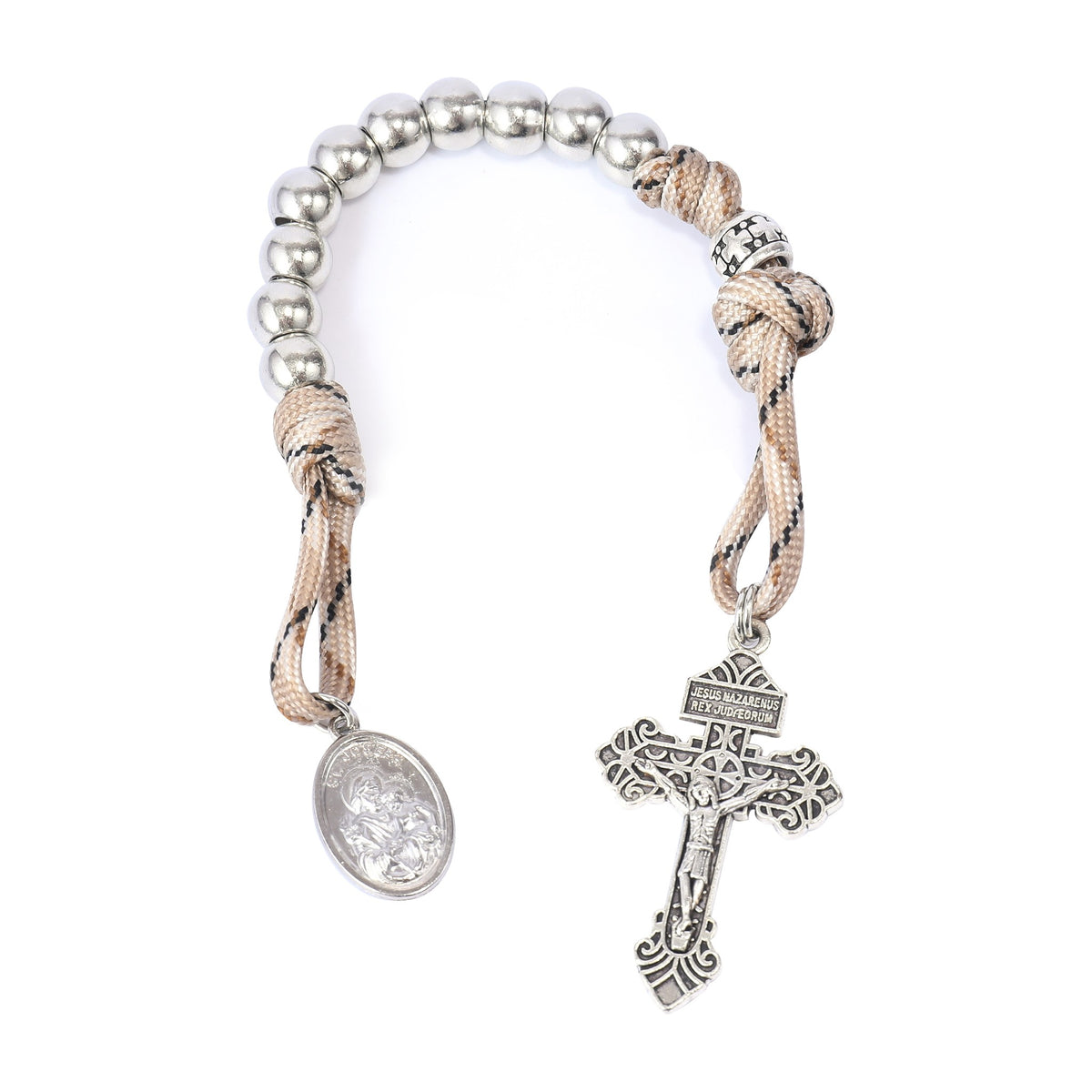 Silver Beads Paracord Rosary Rugged Necklace Set St. Michael & St.Benedict 22" - Nazareth Store