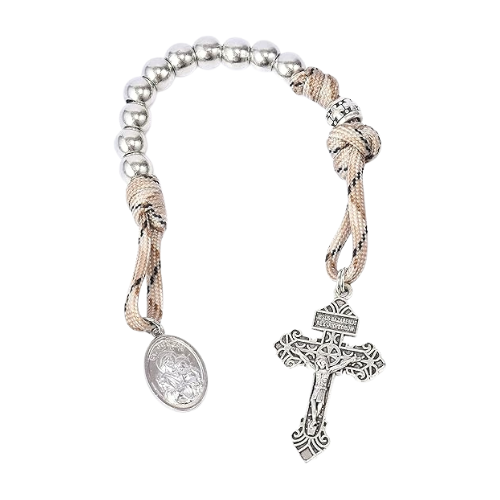 Silver Beads Paracord Rosary Rugged Necklace Set St. Michael & St.Benedict 22" - Nazareth Store