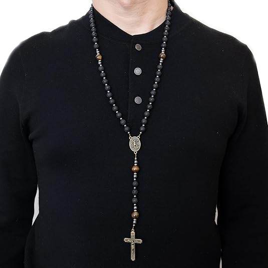 Black Lava Stone Rosary with Yellow Tiger Eye St. Michael Medal & Cross Necklace for Men's - Nazareth Store