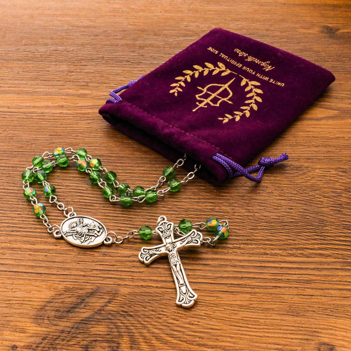 Green Crystallized Glass Beads Rosary Necklace with St. Michael Medal & Crucifix Handmade Christian Prayer Beads for Men & Women Catholic Religious Gift