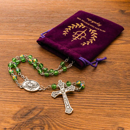 Green Crystallized Glass Beads Rosary Necklace with St. Michael Medal & Crucifix Handmade Christian Prayer Beads for Men & Women Catholic Religious Gift