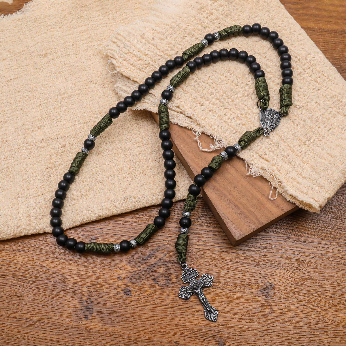 Men's Black Beaded Antique Olive Green Paracord Rosary Necklace with Silver St. Michael Medal & Pardon Crucifix