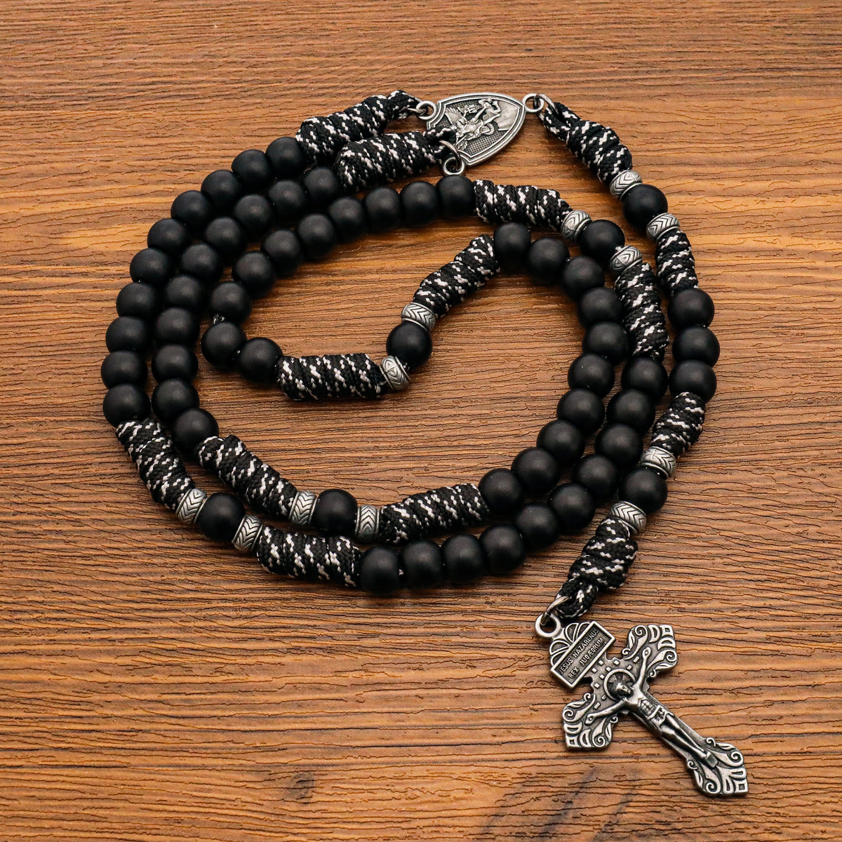Men's Black Beaded Antique Black & White Paracord Rosary Necklace with Silver St. Michael Medal & Pardon Crucifix