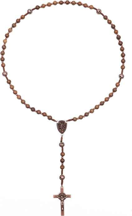 Olive Wood Rosary Necklace Metal Glory Beads with St. Michael Medal & Cross Crucifix