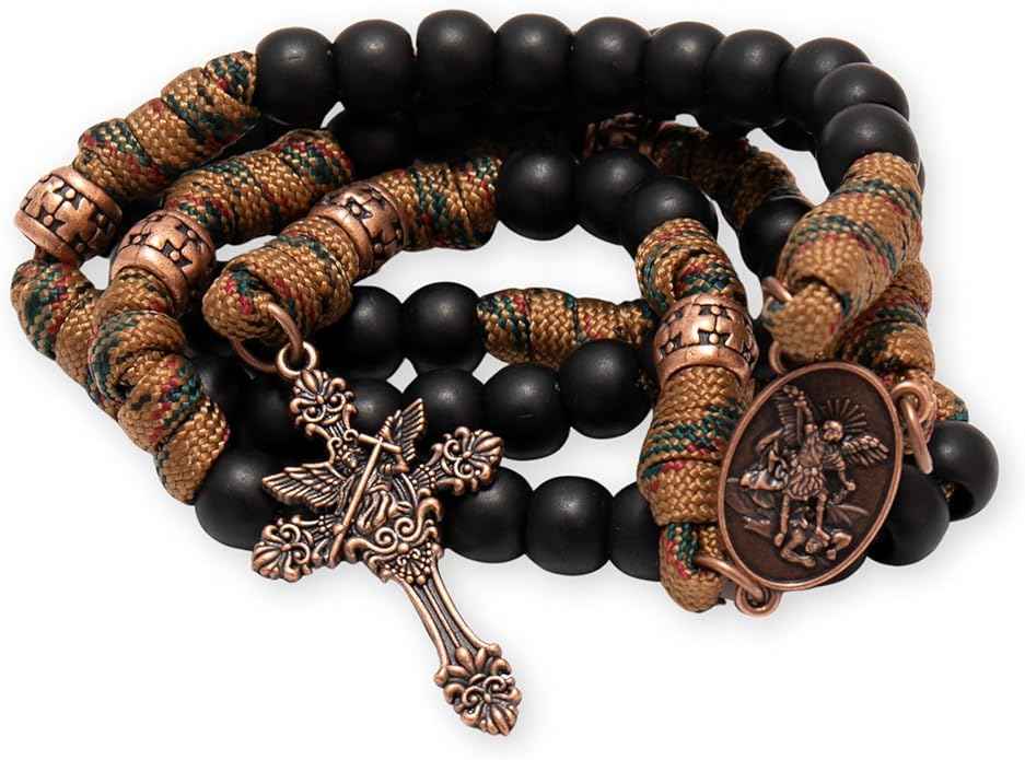 St. Michael Paracord Rosary Brown Corded Necklace with Black Beads & INRI Cross