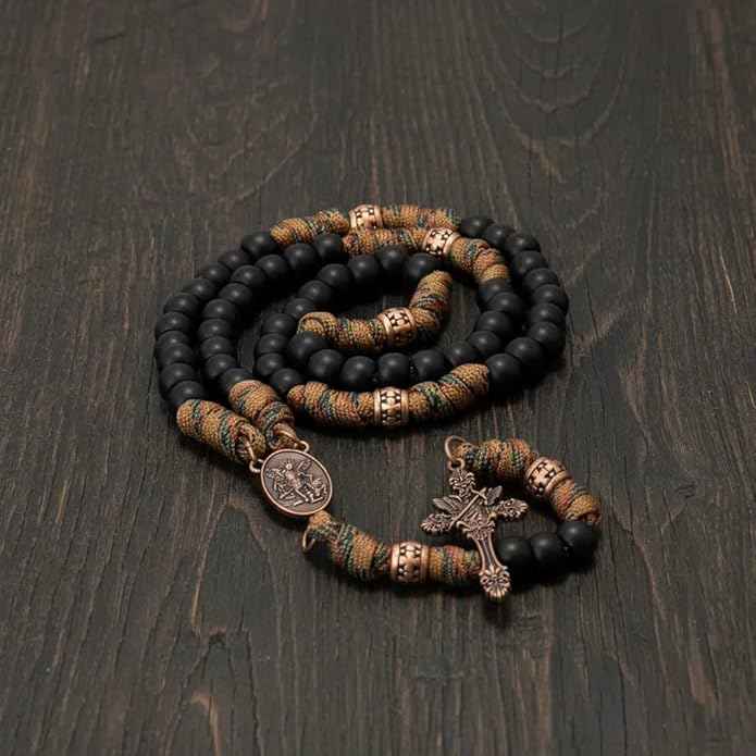 St. Michael Paracord Rosary Brown Corded Necklace with Black Beads & INRI Cross