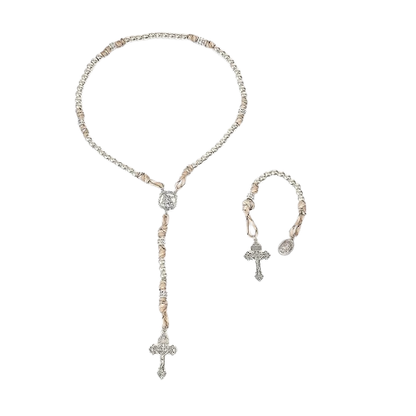 Silver Beads Paracord Rosary Rugged Necklace Set St. Michael & St.Benedict 22" - Nazareth Store