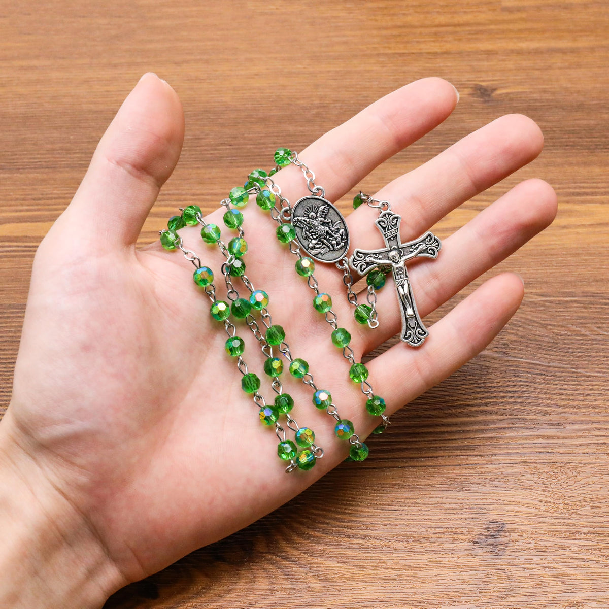 Green Crystallized Glass Beads Rosary Necklace with St. Michael Medal & Crucifix Handmade Christian Prayer Beads for Men & Women Catholic Religious Gift