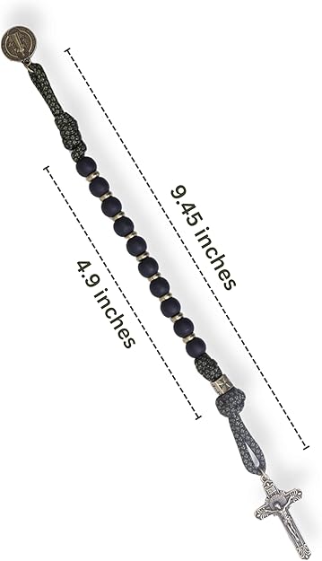 Black beaded rosary with a cross measurement on a white background