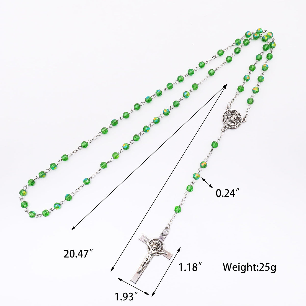 Green Crystallized Glass Beads Rosary Necklace with St Benedict Medal & Crucifix Handmade Christian Prayer Beads for Men & Women Catholic Religious Gift