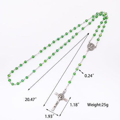 Green Crystallized Glass Beads Rosary Necklace with St Benedict Medal & Crucifix Handmade Christian Prayer Beads for Men & Women Catholic Religious Gift