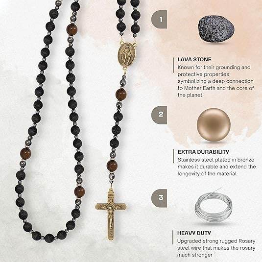Black Lava Stone Rosary with Yellow Tiger Eye St. Benedict Medal & Cross Necklace for Men's - Nazareth Store