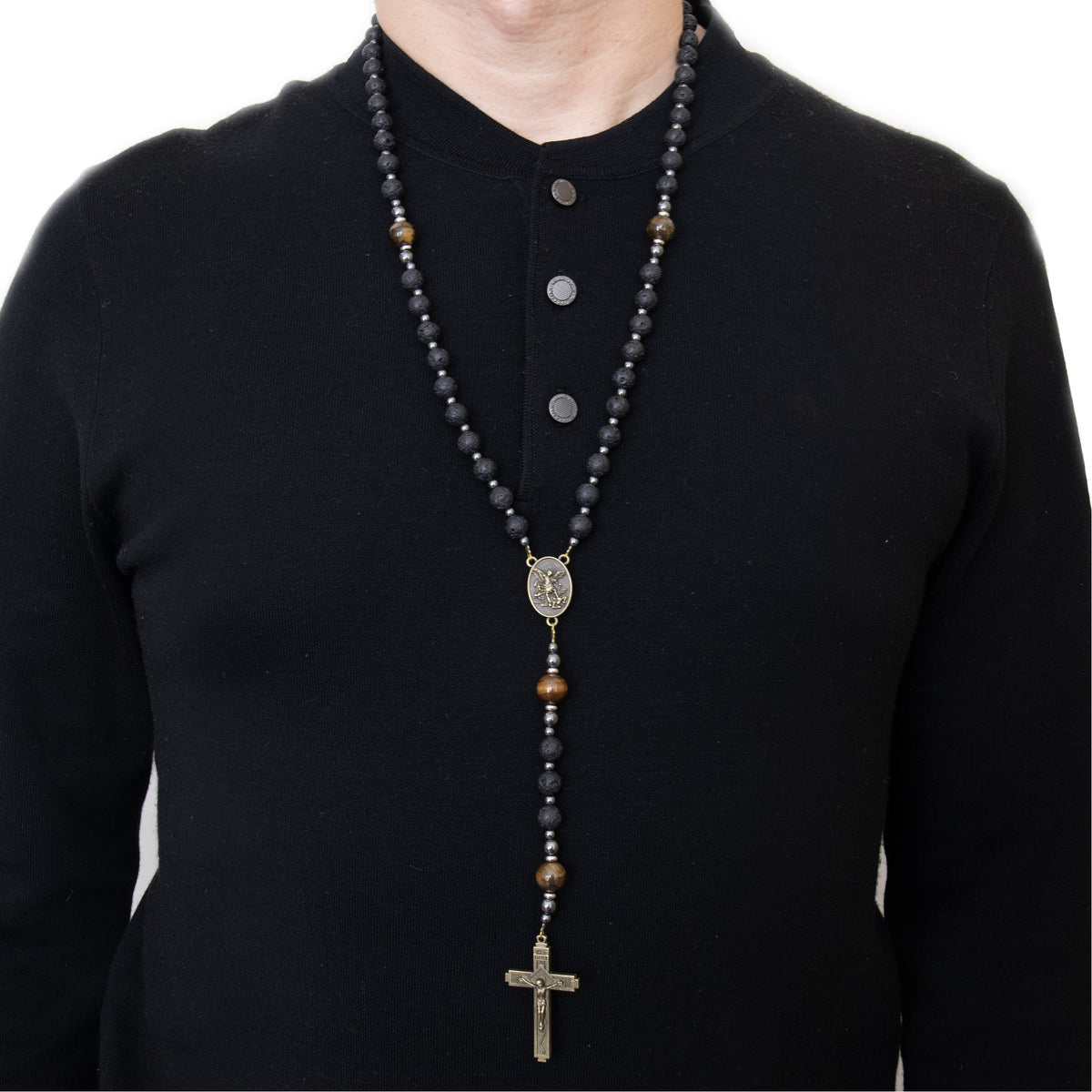 Black Lava Stone Rosary with Yellow Tiger Eye St. Michael Medal & Cross Necklace for Men's - Nazareth Store