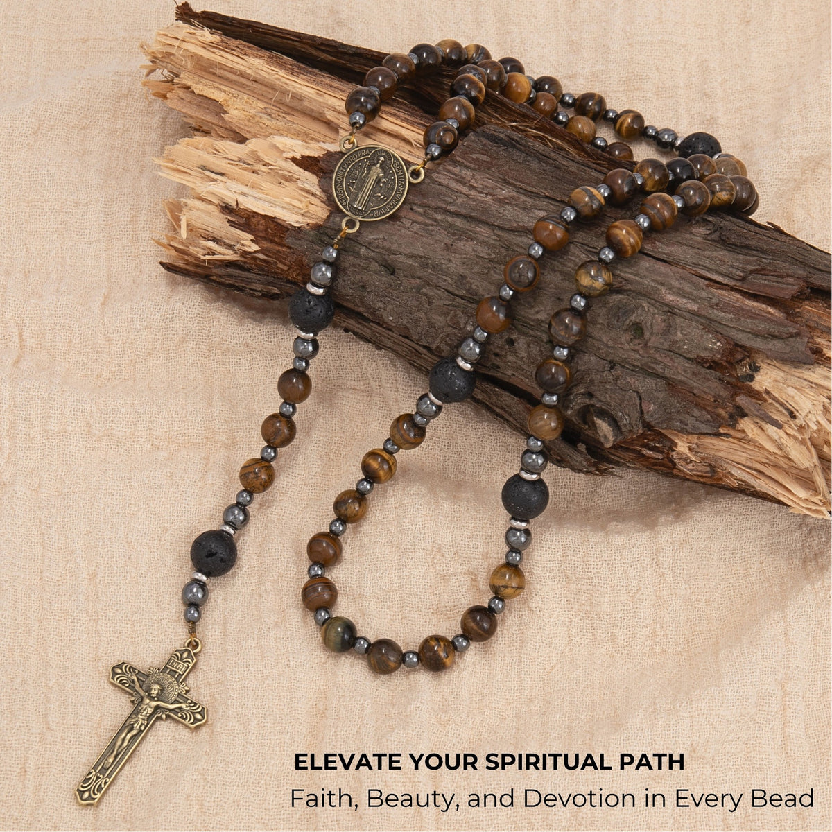 Brown Tiger Eye Catholic Rosary with St. Benedict Medal & Cross Necklace for Men's - Nazareth Store