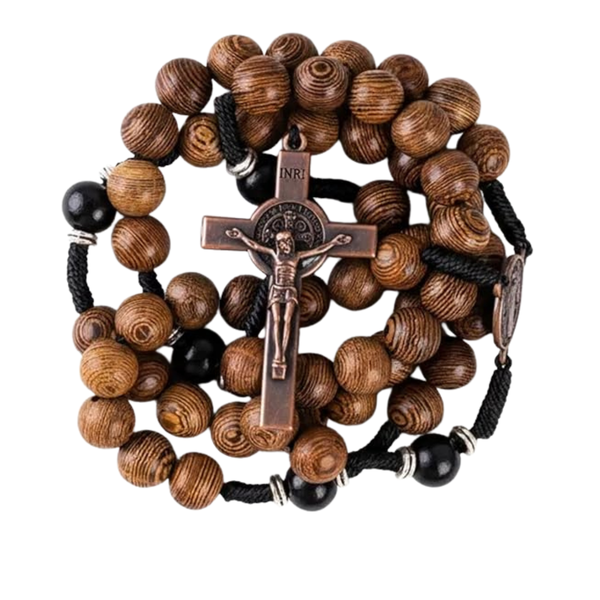 10mm olive and 10mm black wood mystery beads, this rosary offers a bold, strong design that’s perfect for men.
