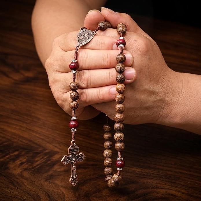 Handmade Wooden Beads Rosary Necklace with St. Joseph Medal & Crucifix Religious Gift - Nazareth Store 