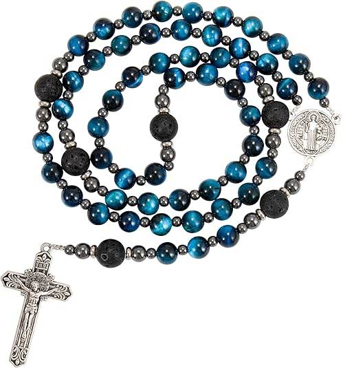 Men's Blue Tiger Eye Rosary with Lava Beads St. Benedict Medal & Cross - Nazareth Store