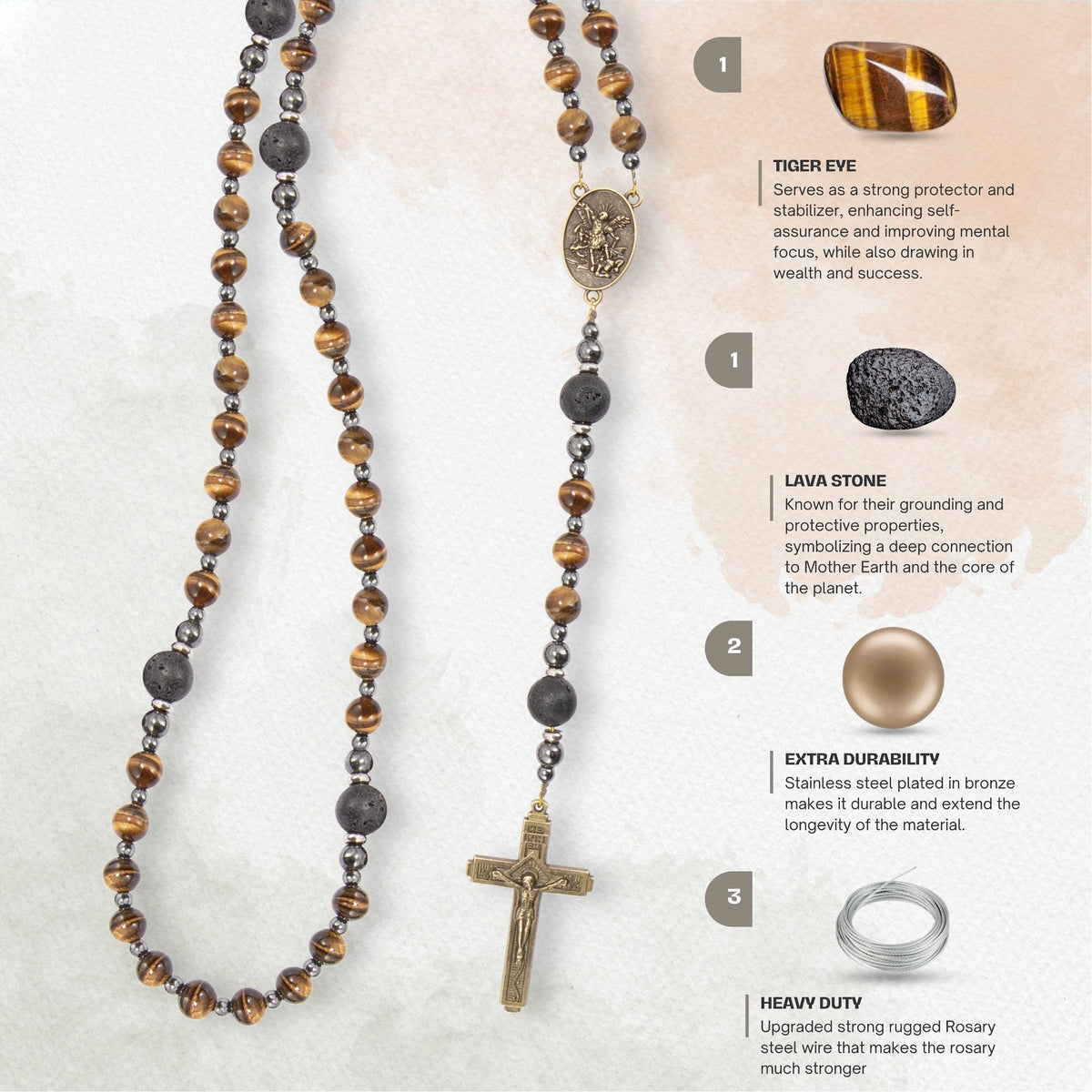 Men's Brown Tiger Eye Catholic Rosary with St. Michael Medal & Cross - Nazareth Store