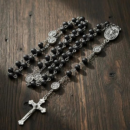 Black Hematite Silver St. Michael Stone Beads Rosary Necklace with Metal Box - Nazareth Store
