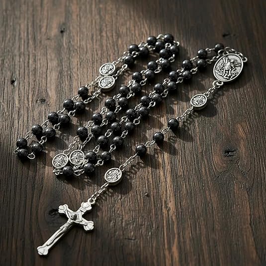Black Hematite Silver St. Michael Stone Beads Rosary Necklace with Metal Box - Nazareth Store