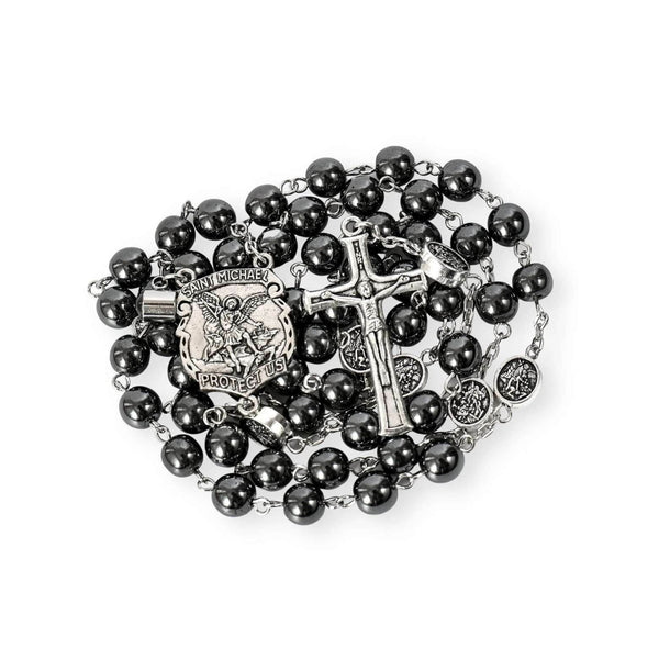 St. Michael Hematite Rosary Stone Beads with Lord’s Prayer Saint Medal & Crucifix - Nazareth Store