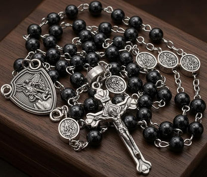 Hematite Rosary Necklace Silver-Plated St. Michael Archangel Medal & Crucifix with Metal Box - Nazareth Store