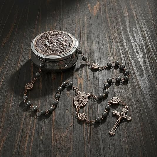 Black Hematite Copper St. Michael Stone Beads Rosary Necklace with Metal Box - Nazareth Store