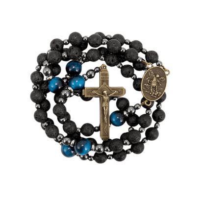 St. Michael Black Lava Stone Beads with Blue Tiger Eye Beads Rosary Necklace for Men's - Nazareth Store