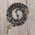 Saint Michael Black Lava Stone Beads with Blue Tiger Eye Beads Rosary Necklace for Men's Nazareth Store