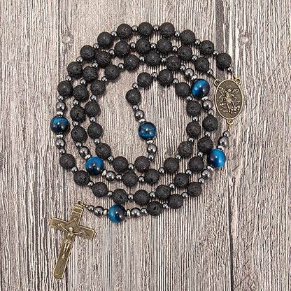 St. Michael Black Lava Stone Beads with Blue Tiger Eye Beads Rosary Necklace for Men's - Nazareth Store