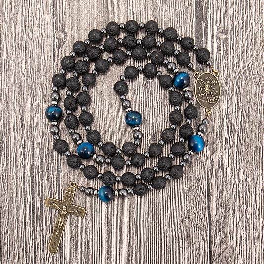 St. Michael Black Lava Stone Beads with Blue Tiger Eye Beads Rosary Necklace for Men's - Nazareth Store