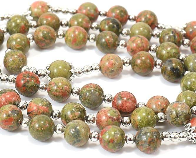 Natural Agate Green Flower Beads Rosary Necklace with Silver Miraculous Medal with Cross - Nazareth Store