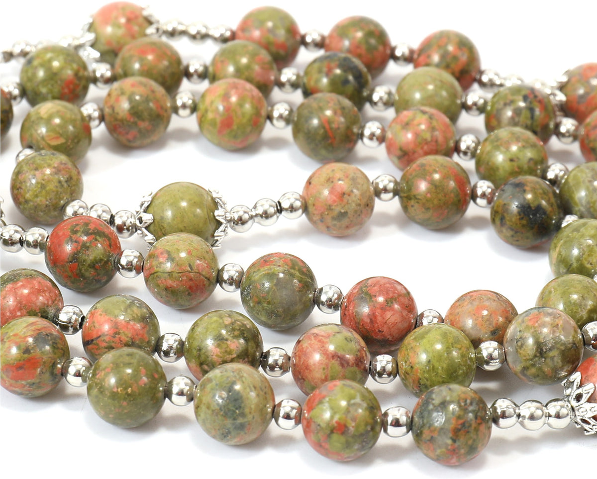 Natural Agate Green Flower Beads Rosary Necklace with Silver Miraculous Medal with Cross - Nazareth Store