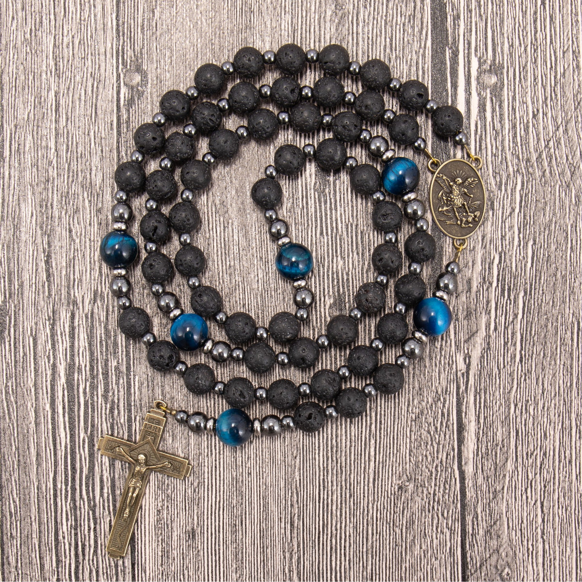 St. Michael Black Lava Stone Beads with Blue Tiger Eye Beads Rosary Necklace for Men's - Nazareth Store