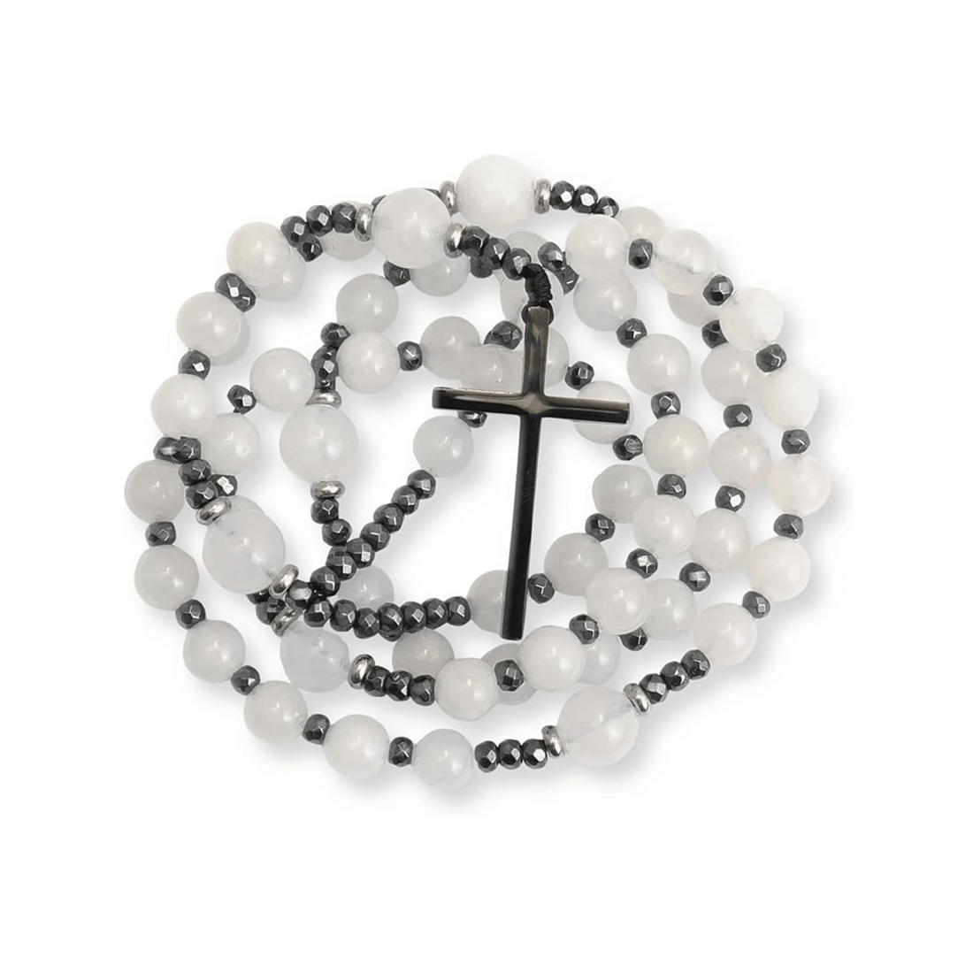Hematite Stone Beaded Rosary Necklace with Black Metal Cross Nazareth Store