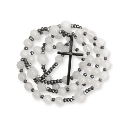 White Jade Catholic Rosary Necklace with Hematite Beads & Black Metal Cross