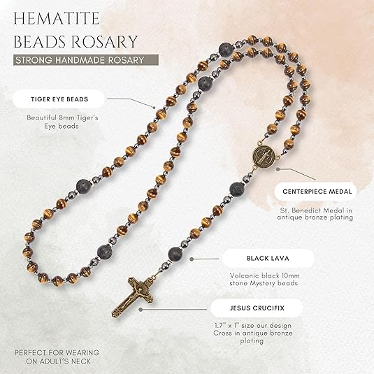 Brown Tiger Eye Catholic Rosary with St. Benedict Medal & Cross Necklace for Men's Nazareth Store