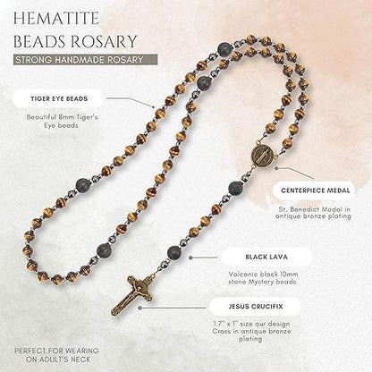 Brown Tiger Eye Catholic Rosary with St. Benedict Medal & Cross Necklace for Men's - Nazareth Store