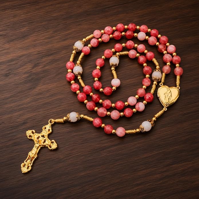 Strawberry Quartz Rosary Necklace White Jade Beads with Our Lady of Grace Heart Locket Medal & Cross - Nazareth Store