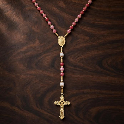 Strawberry Quartz Rosary Necklace White Jade Beads with Miraculous Medal & Cross - Nazareth Store