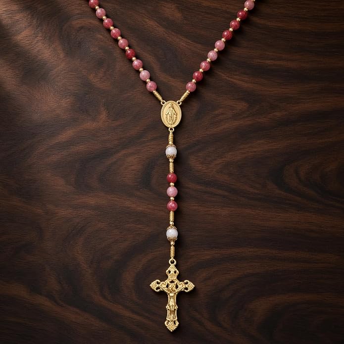 Strawberry Quartz Rosary Necklace White Jade Beads with Miraculous Medal & Cross - Nazareth Store