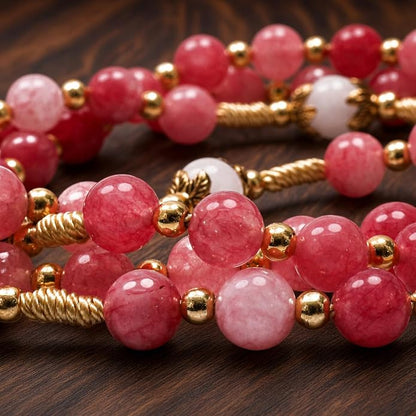 Strawberry Quartz Rosary Necklace White Jade Beads with Our Lady of Grace Heart Locket Medal & Cross - Nazareth Store