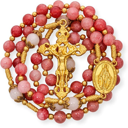 Strawberry Quartz Rosary Necklace White Jade Beads with Miraculous Medal & Cross - Nazareth Store