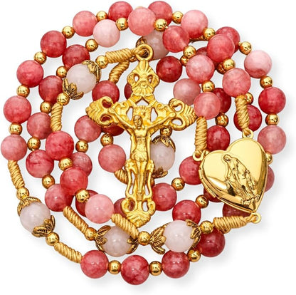 Strawberry Quartz Rosary Necklace White Jade Beads with Our Lady of Grace Heart Locket Medal & Cross - Nazareth Store