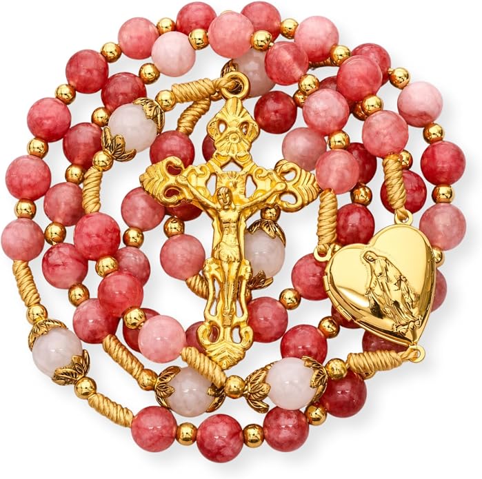 Strawberry Quartz Rosary Necklace White Jade Beads with Our Lady of Grace Heart Locket Medal & Cross - Nazareth Store
