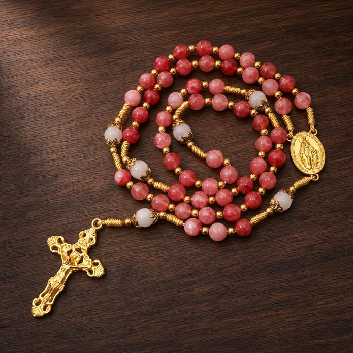 Strawberry Quartz Rosary Necklace White Jade Beads with Miraculous Medal & Cross - Nazareth Store