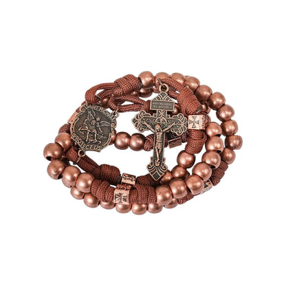 Strong Corded Antique Copper Beads Paracord Rugged Rosary Necklace with St.Michael Medal and Pardon Crucifix - Nazareth Store