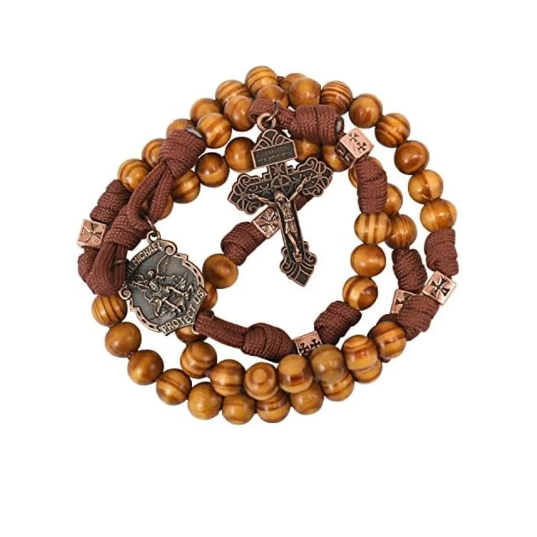 Strong Corded Wooden Beads Paracord Rugged Rosary Necklace with St.Michael Medal and Pardon Crucifix Nazareth Store