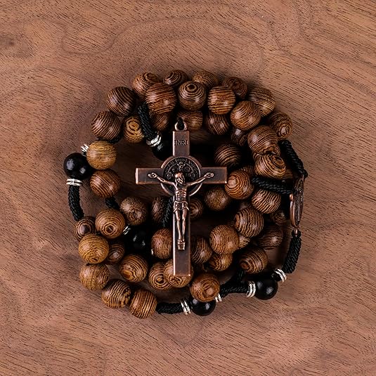  10mm olive and 10mm black wood mystery beads, this rosary offers a bold, strong design that’s perfect for men.