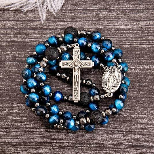 Men's Blue Tiger Eye Rosary with Lava Beads Miraculous Medal & Cross Rosary Necklace - Nazareth Store